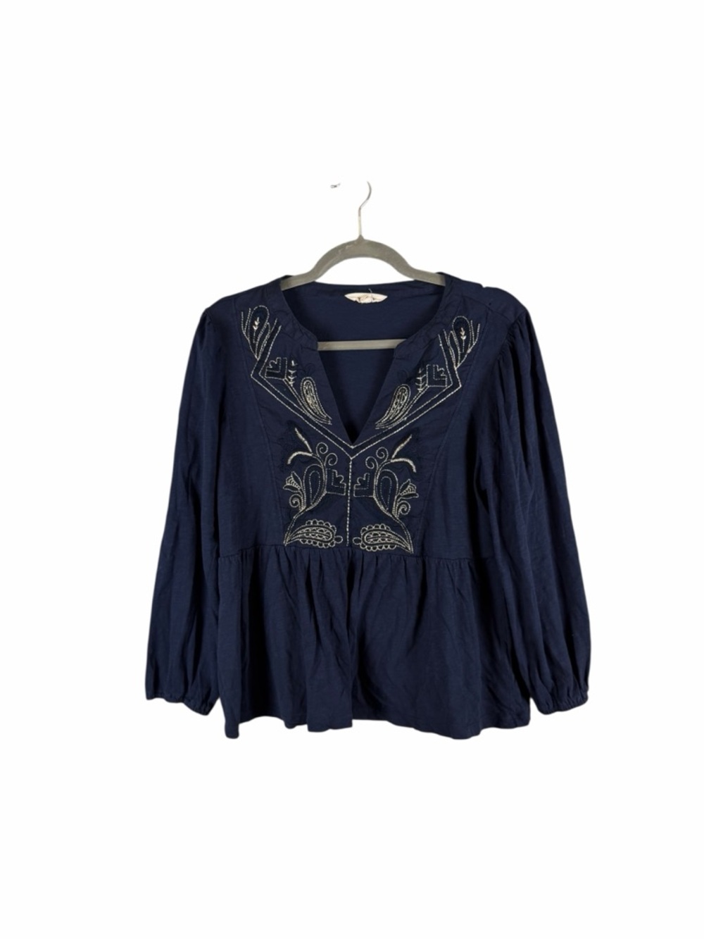Lucky Brand Navy Embroidered Peasant Blouse Boho Peplum Top Size M